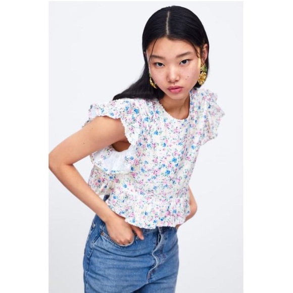 Zara Sequin Pastel Floral Ruffle Crop Top Blouse - Picture 8 of 12